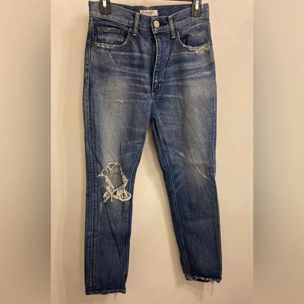 Moussy Vintage High Rise Straight Leg Distressed Jeans Blue Size 25